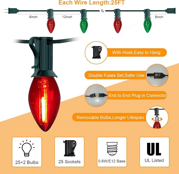Abeja 25Ft Christmas Lights Multicolor, C7 Red Green Vintage Christmas Lights with 27 Glass Bulbs, Hanging Outdoor String Lights for Holidays, Christmas Prom Party Wedding Decor, Red/Green