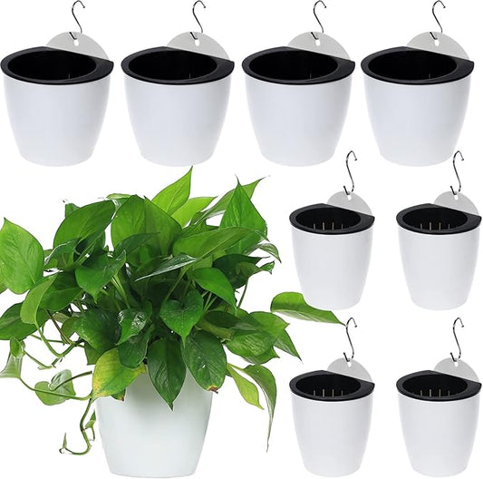 8 Packs 5" and 7.3" Plastic Self Watering Pots Wall Hanging Planters Wall Mounted Wicking Flower Pots for Indoor and Outdoor African Violet, Ocean Spider Plant, Orchid, White