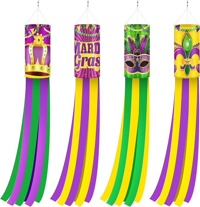 EBaokuup 4 Pcs Mardi Gras Wind Sock,41.3 Inch Mardi Gras Spinners Windsock,Purple Yellow Green Decor Windsock for Home Yard Party Mardi Gras Outdoor Decoration