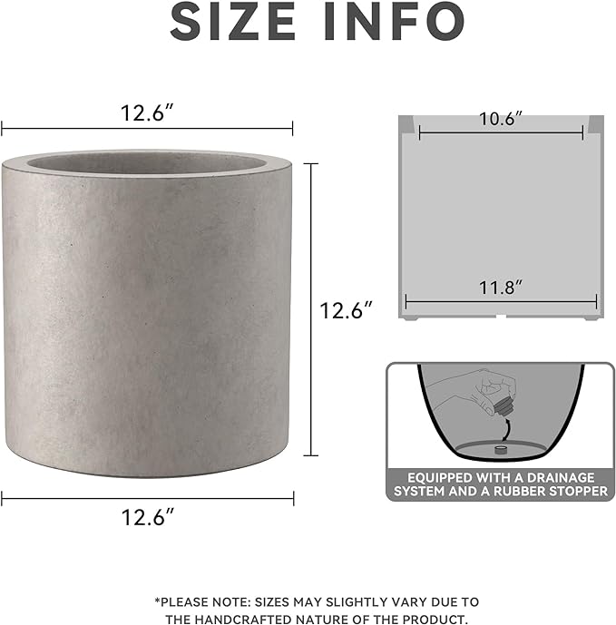 Kante 12.6" Dia Round Concrete Planter, Modern Style Large Cylindrical Plant Pot with Drainage Hole and Rubber Plug for Indoor Outdoor Patio, Weathered Concrete