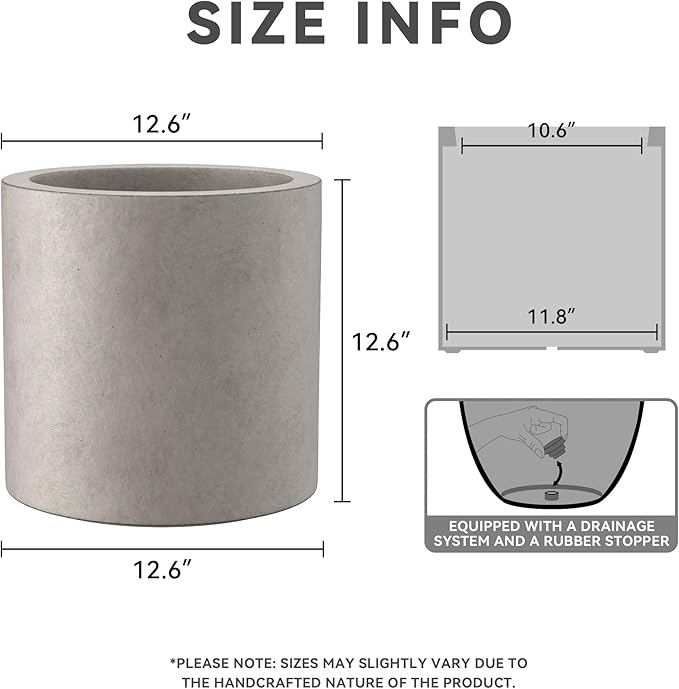 Kante 12.6" Dia Round Concrete Planter, Modern Style Large Cylindrical Plant Pot with Drainage Hole and Rubber Plug for Indoor Outdoor Patio, Weathered Concrete