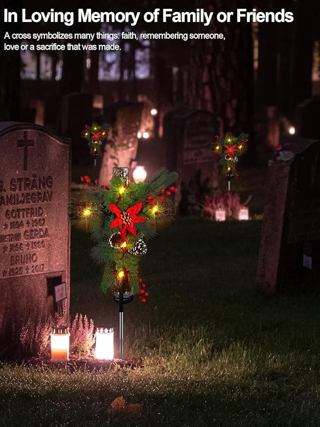 2 Pack Christmas Decorations Outdoor Solar Cross Stake Lights for Christmas Decor, IP65 Waterproof, Auto On/Off Cross Light Grave Decorations with 10 LEDs & Pinecones for Garden Yard Lawn Cemetery