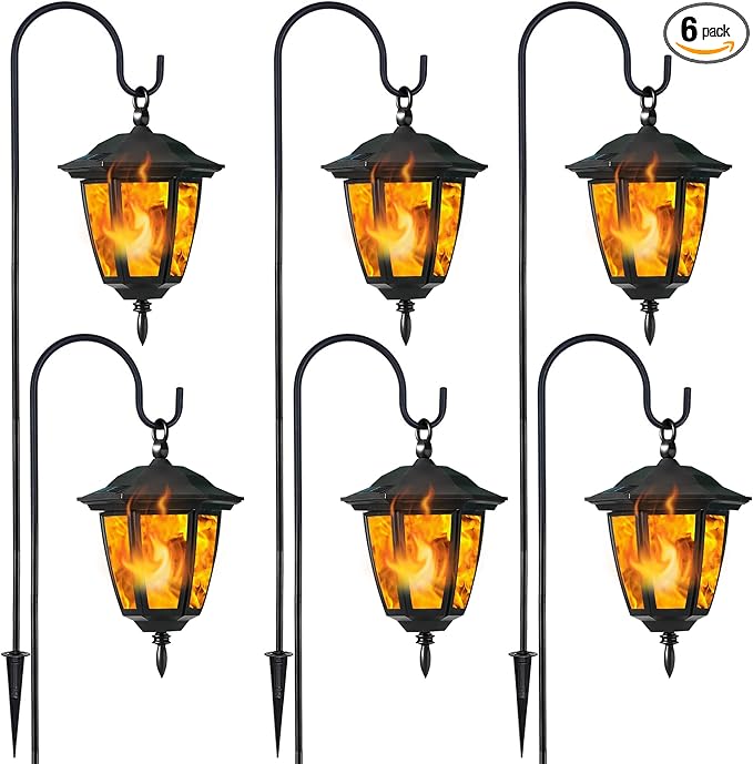 Dynaming 6 Pack Solar Flame Hanging Lights Outdoor, Solar Flickering Flame LED Garden Lanterns with 6 x 38 Inch Shepherd Hooks, Landscape Lighting Waterproof for Lawn Patio Yard Pathway Driveway