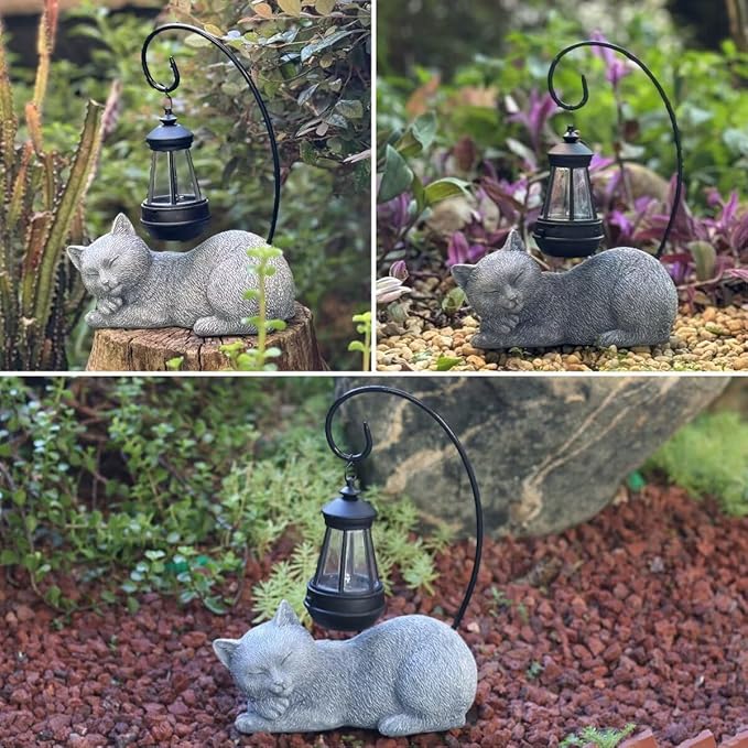 Solar Cat Garden Statue with Lantern, 13 Inch Tall Figurine for Outdoor Decor, Yard, Patio, Lawn and Porch, Solar-Powered Lights Sculpture