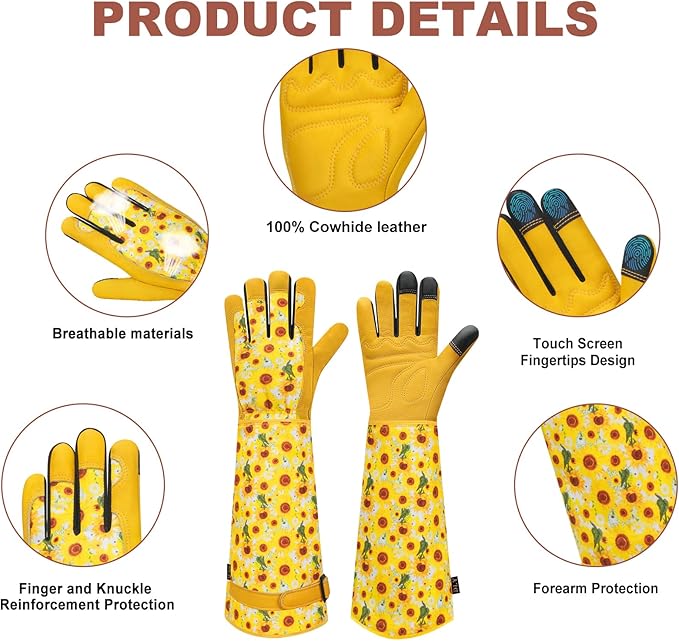 DLY Gardening Gloves for Women, Rose Gloves Gardening Thorn Proof, Long Garden Gloves for Women, Breathable Cowhide Leather Gauntlet (Medium, Yellow