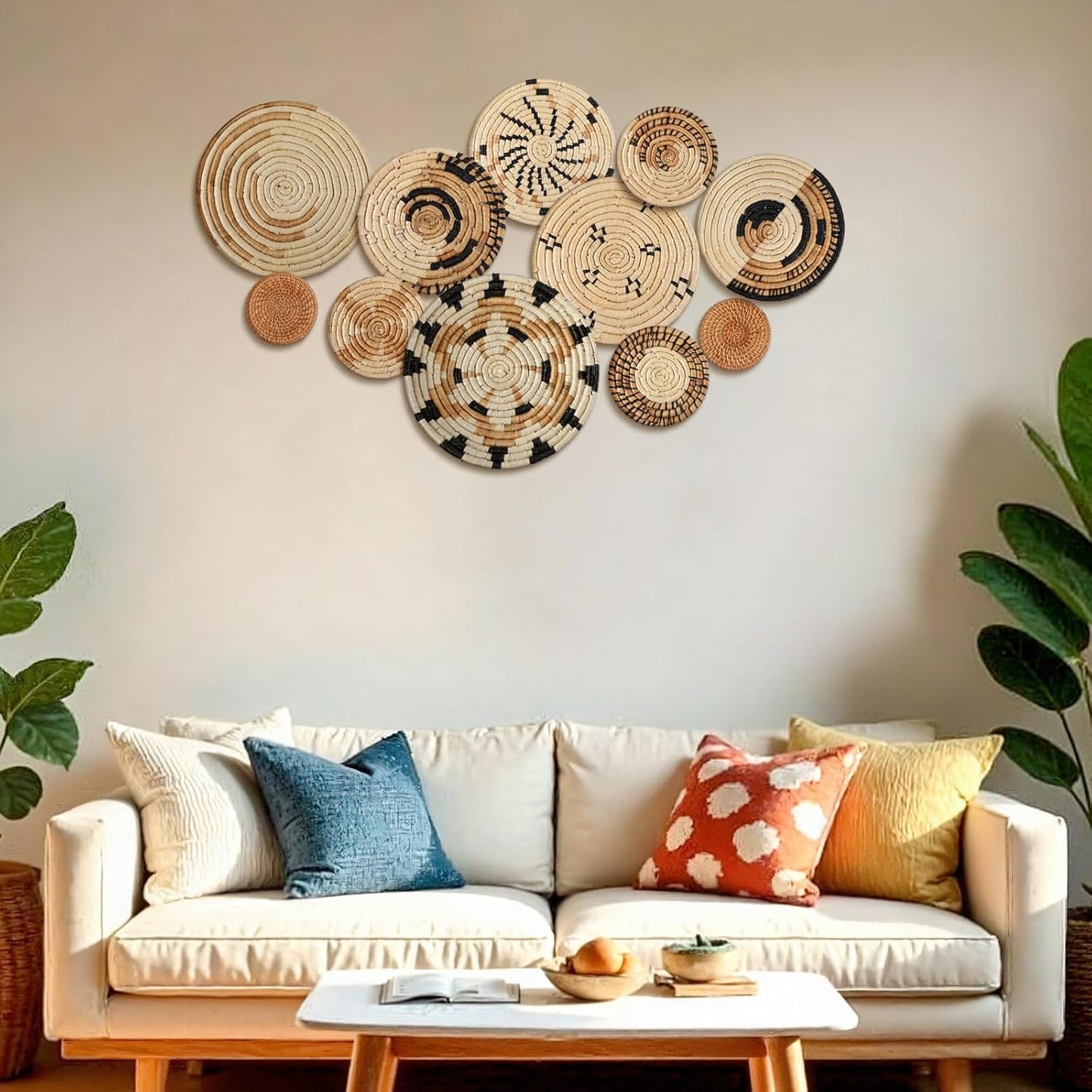 Tatuo 11 Pcs Boho Wall Basket Decor Decorative Bulrush Woven Basket Wall Decor Art Round Farmhouse Hanging Baskets for Kitchen Rustic Home Summer Decorations, Multi Sizes(Artistic)