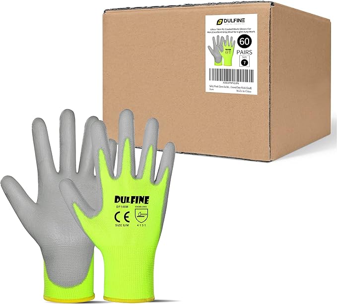 DULFINE Safety Work Gloves for Men PU Coated 60 Pairs Bulk Pack,Hi-Vis Yellow Seamless Knit Glove with thin Polyurethane Coated Smooth Grip on Palm & Fingers,Ideal for General Duty Work (Small)