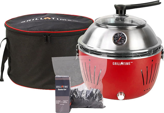 GrillTime Tailgater GT Hood Combo 13 Inch - Portable Charcoal Grill with Hood, Small Tabletop Grill for Tailgate Parties, Camping, Beach BBQ Red