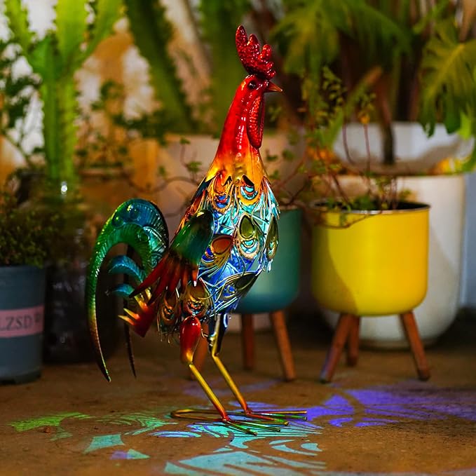 19 Inch Solar Rooster Statue Lights, Metal Yard Art Solar Rooster, Large Rooster Statue Colorful Lights for Garden Lawn Outdoor Decoration Gifts.