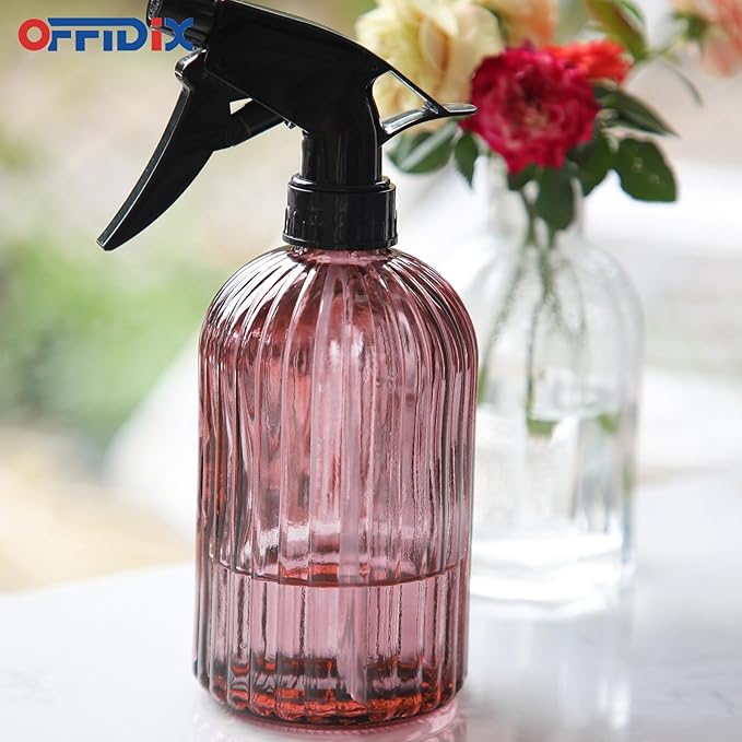 OFFIDIX Glass Spray Bottle, Pressure Watering Can, Indoor Plant Mister, Adjustable Nozzle, 0.4L/13.5oz Handheld Spray Bottle for Garden Plants Cleaning Solutions (Amaranth)