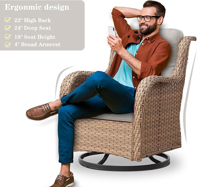 Outdoor Swivel Rocker Patio Chairs - 360 Degree Swivel Glider Seating 350LBS Weight Capacity 3 Piece Wicker Rocking Chairs Set with Side Table for Porch Balcony Deck, Yellow/Beige