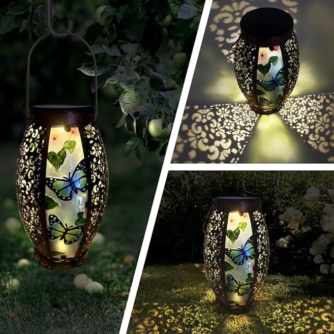 Butterfly Solar Lanterns Glass & Metal Hanging Lantern Outdoor Waterproof 16" H Tabletop Light with Hollowed-Out Design for Garden Patio Table Decor Mother's Day Gift