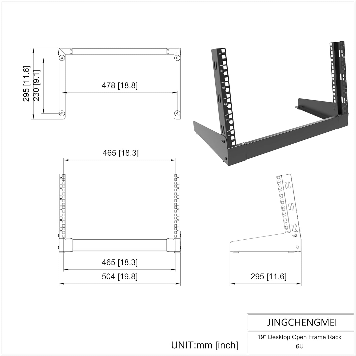 JINGCHENGMEI 6U Desktop Network Rack 19 inches Small Open Frame Rack 2 Post Free-Standing Tabletop Rack for Patch Panel, Data, AV, IT,Studio or Computer Equipment (6U)