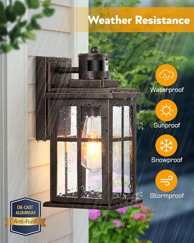 Distance-Adjustable Motion Sensor Outdoor Lights, Oil Rubbed Bronze Wall Mounting Porch Light, Waterproof Dusk to Dawn Exterior Lighting Fixtures Sconce, Anti-Rust Outdoor Lanterns for Porch