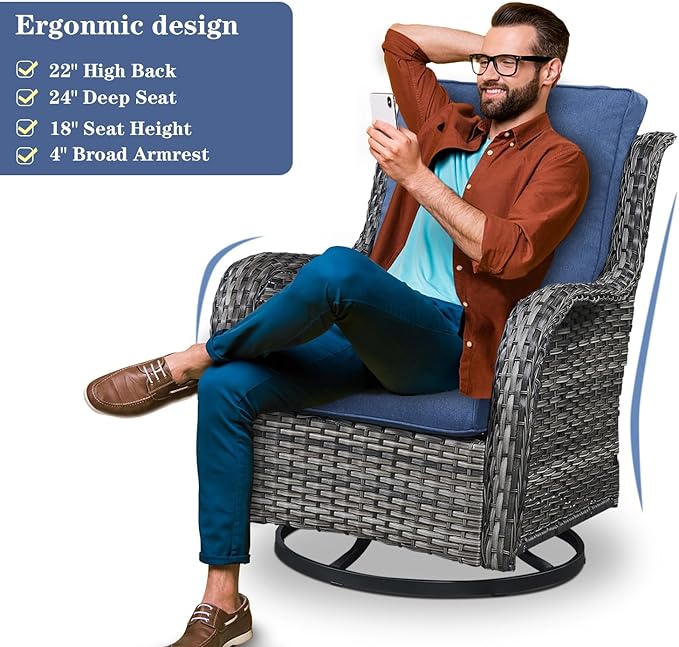 Patio Swivel Rocking Chairs - Outdoor Wicker Glider Swivel Rcoker, 3 Pieces Patio Wicker Furniture Sets for Porch Includes 2 Swivel Rocking Chair and 1 Side Table