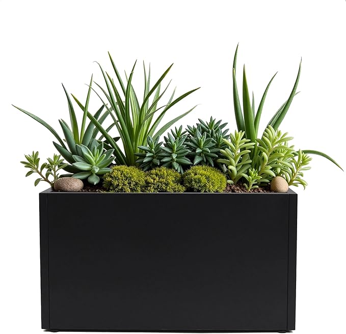 GSK Black Metal Planter Versatile Box with Drainage Holes Galvanized Painted Iron Flower Boxes for Indoor Outdoor Use Ideal Patio Balcony Garden Elevated Plant Bed
