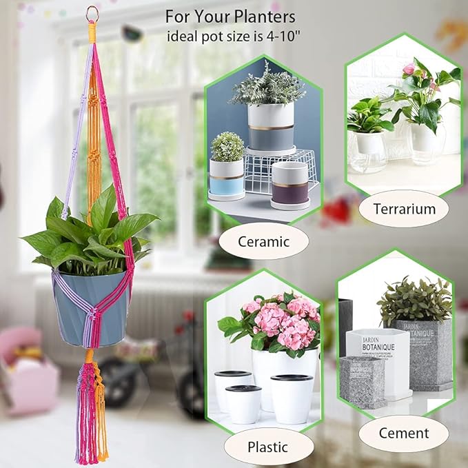 Rainbow Colorful Macrame Plant Hanger with 4 Hooks, Hanging Plant Holder Indoor Outdoor, Handmade Cotton Rope for Boho Room Decor Hanging Ceiling Decor，2 Pack