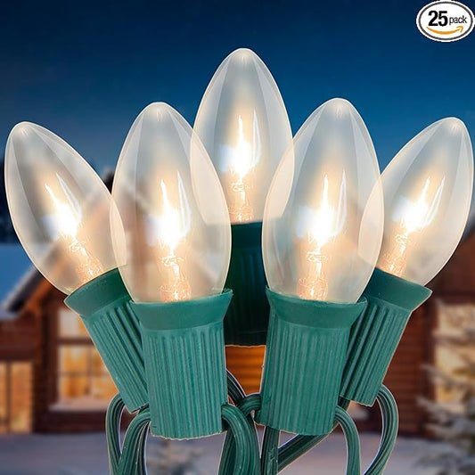 C9 Clear Christmas String Lights 25Ft C9 Outdoor Lights String with 26 Clear Bulbs, Hanging Christmas Roofline Light Patio Lights for Outdoor Decor 7 Watt C9/E17 Intermediate Base-Green Wire