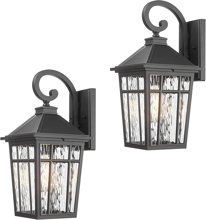 Outdoor Light Fixture 14 Inch Height Outside Wall Lights Black Finish and Water Ripple Glass Exterior Lights for House Garage Porch and Garden E26 Socket 2-Pack