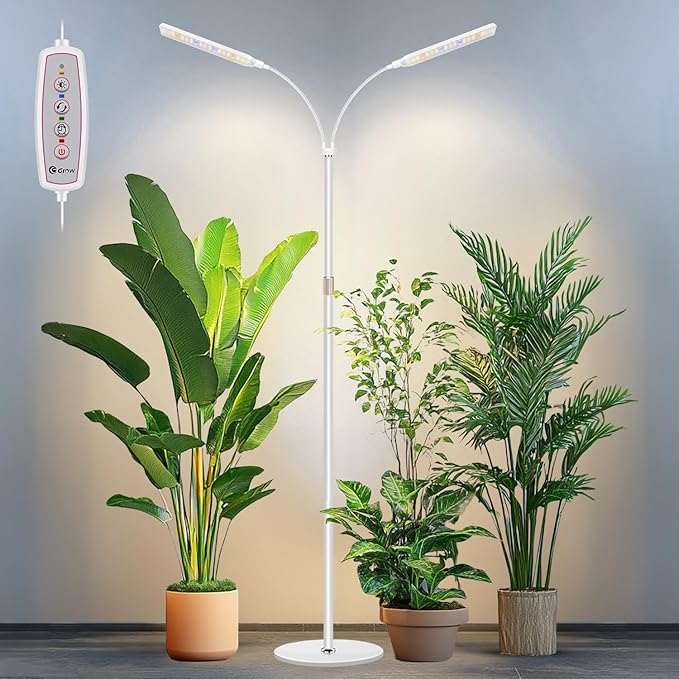 Grow Lights for Indoor Plants with Stand, 2-Heads Full Specturm Plant Grow Light with 4/8/12/16H Timer, 3 Color Modes, 360° Flexible Gooseneck, 24-68.7in Hight Adjustable Plant Growing Lamp