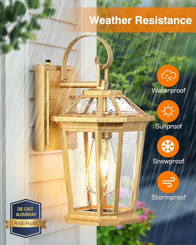 VIANIS Outdoor Porch Lights Wall Mount, Dusk to Dawn Exterior Light Fixture for House, 100% Anti-Rust Aluminum Waterproof Porch Light Outside Wall Lights, Gold Wall Sconce Lanterns for Garage