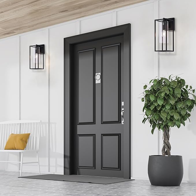 15.7 Inch Outdoor Wall Lights, Black Outdoor Wall Lantern with Square Clear Glass Shade, Waterproof Exterior Lighting Fixtures, Modern Front Porch Lighting for House, Garage, E26 Base, ETL Listed