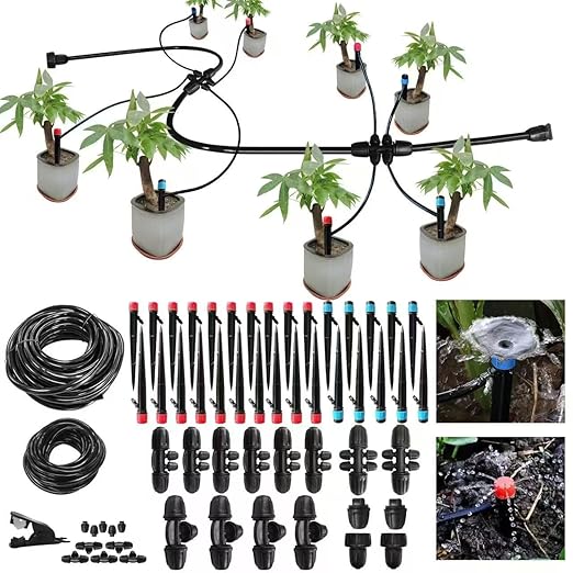 Drip Irrigation System Kit,100FT Adjustable Drip Watering Plant System with 5/16" and 1/4" Irrigation Tubing Hose,Drip Emitters,Lock Barbed Tee Fittings for Garden and Raised Beds,Greenhouse,Yard,Lawn