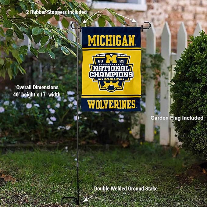College Flags & Banners Co. Michigan Team University Wolverines 2023 and 12 Times 12x Football National Champions Garden Flag with Pole Stand Holder