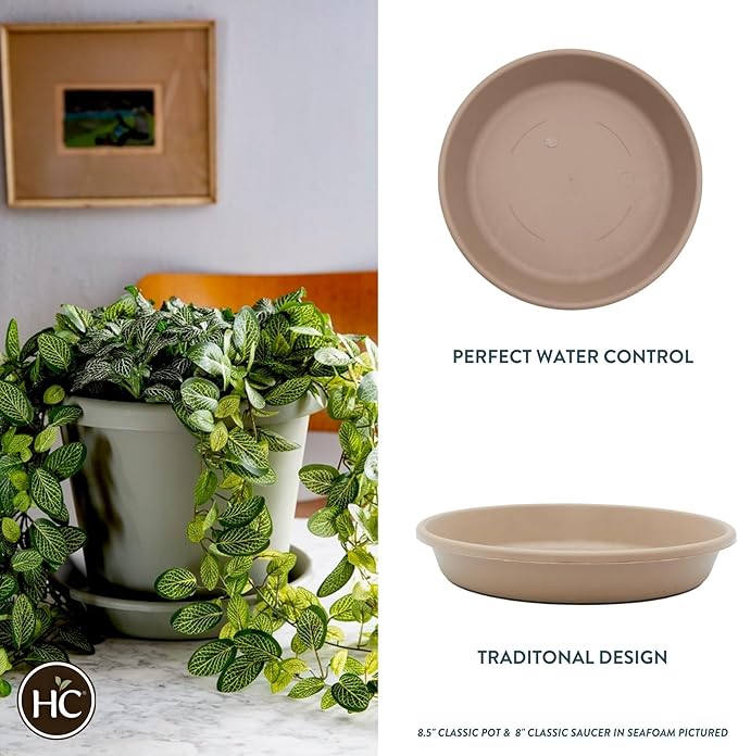 The HC Companies 10 Inch Round Plastic Classic Plant Saucer - Indoor Outdoor Plant Trays for Pots - 10.75"x10.75"x1.75" Sandstone