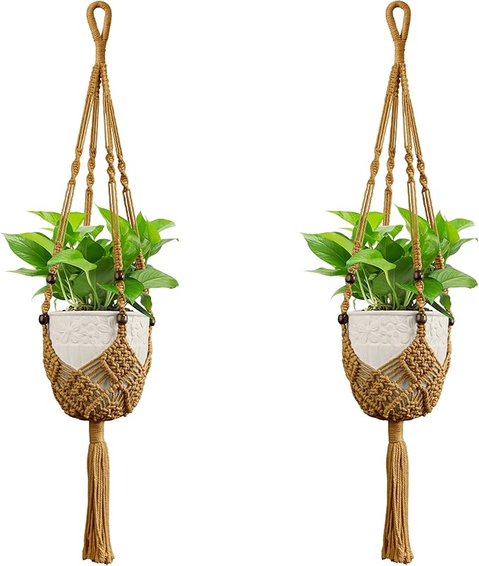 USLAI Macrame Handmade Basket Plant Hanger (2-Pack), for 3-8 Inch Pots, Indoor Outdoor Strong Hanging Planter Flower Pot Holder with Beads and Tassels, Boho Home Decor (POTS NOT Included) (Brown)