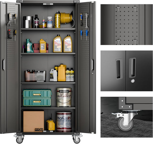 Metal Garage Storage Cabinet with Wheels & Pegboard,72In Lockable Steel Storage Cabinets with 2 Doors&4 Adjustable Shelves for Garage&Home,Assembly Required,Black