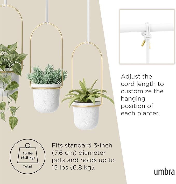 Umbra Triflora Hanging Planter for Window, Indoor Herb Garden, Set of 3, White/Brass
