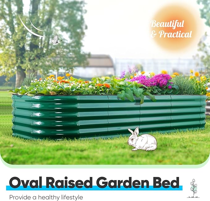 Quictent Galvanized Raised Garden Bed Kit, 6x3x1.5 ft Oval Metal Planter Box Tall for Vegetables Outdoor Backyard, Rubber Strip Edging Included, Dark Green