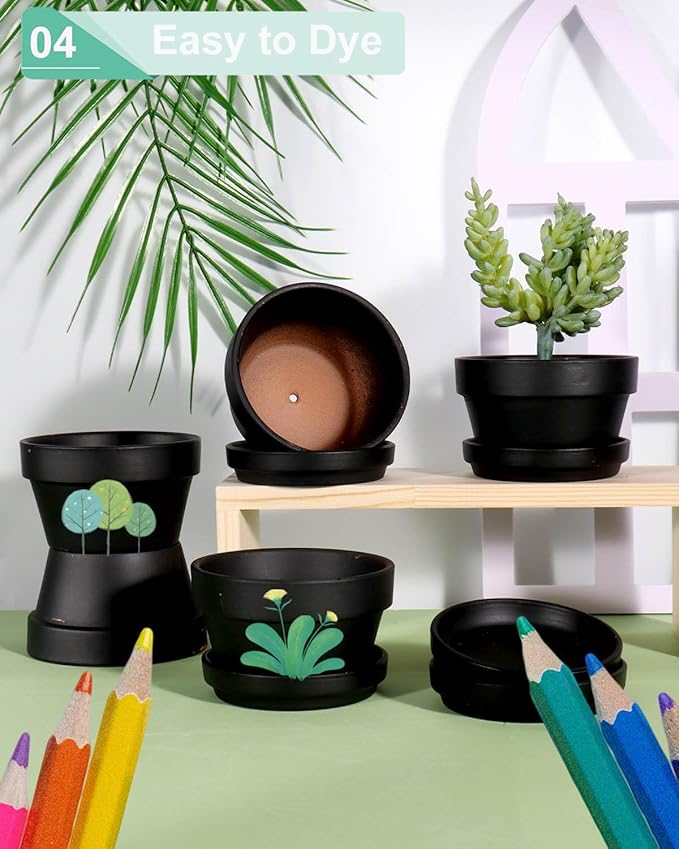 vensovo 4.5 Inch Black Terracotta Shallow Succulent Pots - 6 Pack Terra Cotta Clay Pot with Saucer, Cacuts Indoor and Outdoor Planters with Drainage Hole