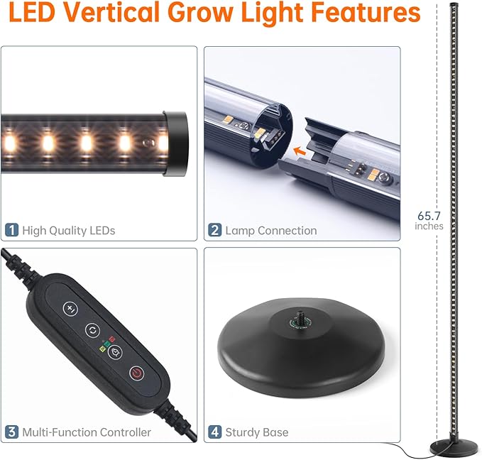 Standing Grow Lights for Indoor Plants,T10 Full Spectrum Vertical Grow Light Wide Illumination Area,16in-65in Adjustable Height Plant Light with Stand,3 Light Modes Floor Grow Light with Timer