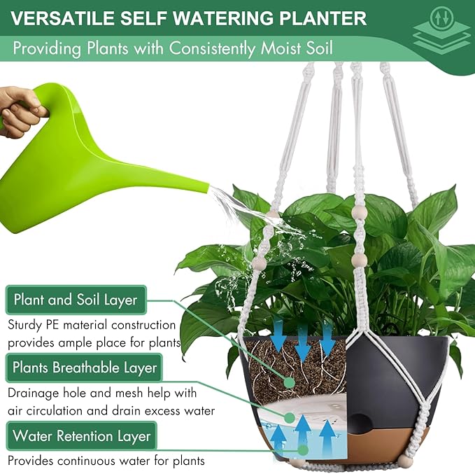 Set of 2-10 Inch Hanging Planters for Indoor Plants with Self-Watering Includes Hanging Pots for Plants, Outdoor Hanging Plant Pot with Drainage, and 2 Types of Hanging Baskets Hangers (Black, 10inch)