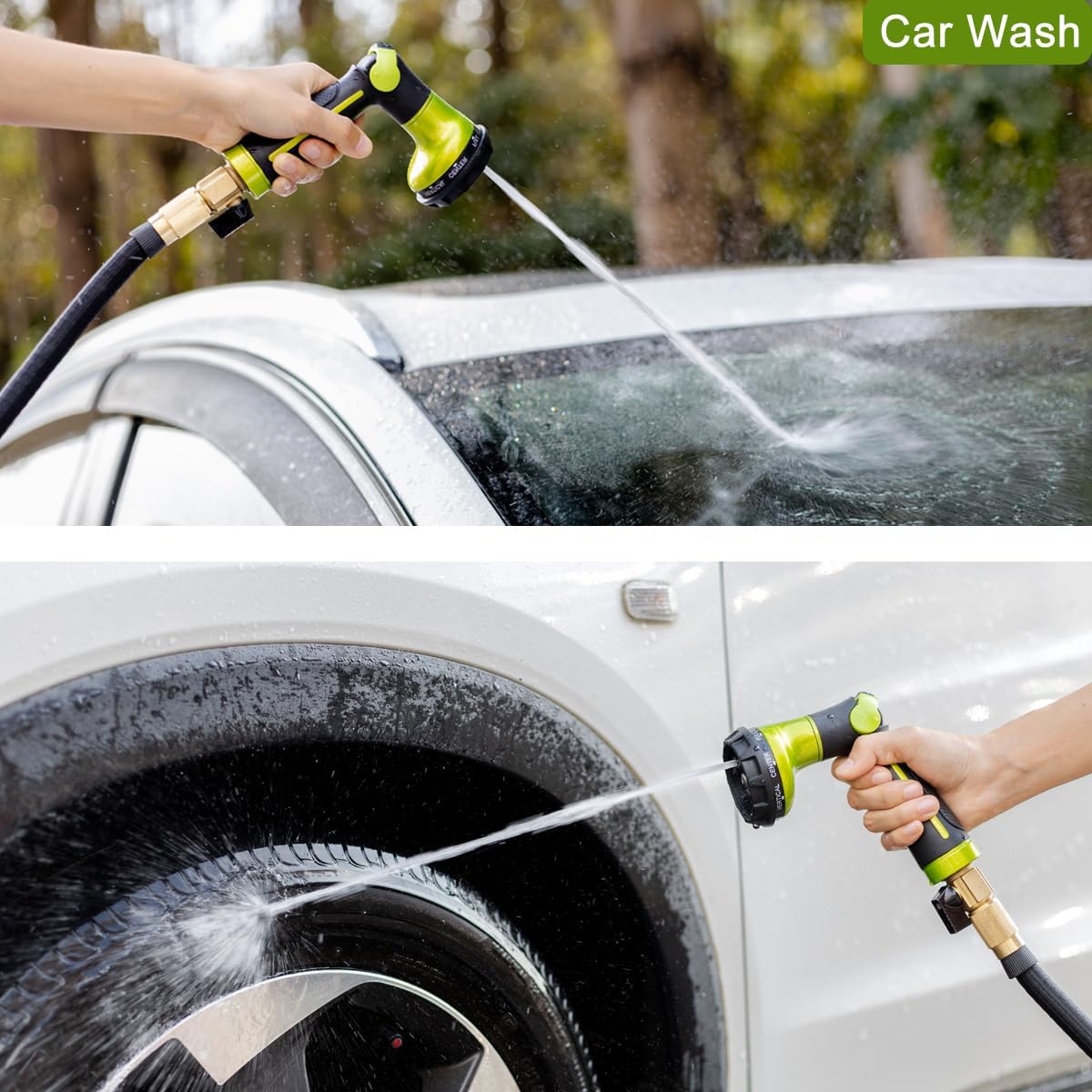 FANHAO Garden Hose Nozzle Heavy Duty, 100% Metal Water Hose Sprayer with 8 Spray Patterns, High Pressure Spray Nozzle Thumb Control On Off Valve for Lawn & Plant Watering, Car & Pet Washing - Green