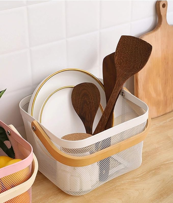 Metal Mesh Steel Basket, Storage Organizer Basket Multi-functional Hanging Kitchen Baskets Fruit Basket Bin with Bamboo Handle for Kitchen Bathroom Picnic Shopping Decor Cabinet Home, White