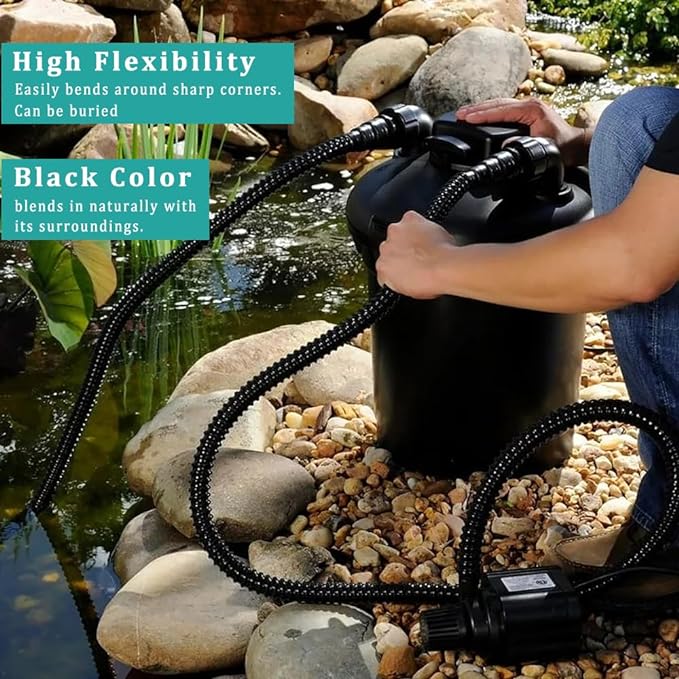 Pond Hose ID 1-1/4” × 10ft Black Corrugated Flexible Reinforced PVC Hose Vinyl Tubing for Pond Pump Fountain Garden Waterfall, Non-toxic & Kinkproof, with 2 clamps