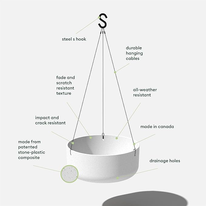 Veradek Mason Series Hanging Kona Planter - Round Planter for Outdoor Balcony/Patio | Made from Plastic-Stone Composite with Hanging Attachment | Modern Décor for, Flowers, Succulents, Small Plants