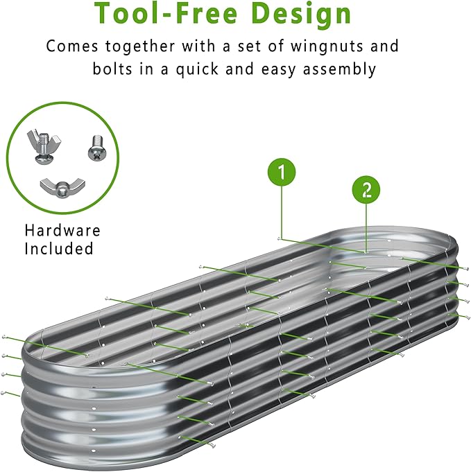 KFN 8x1.8x1FT Galvanized Raised Garden Bed,Raised Garden Bed Kit-Oval Metal Vegetable Box,Large Planter Flower Boxes Outdoor,Planting for Vegetables,Flower,Herb,Sliver,0.7mm
