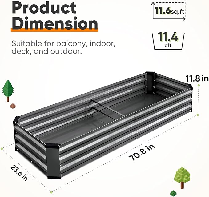 KING BIRD Raised Garden Bed Kit with Bottom 2025 Upgraded Galvanized Planter Garden Box Outdoor & Indoor for Gardening, Vegetables, Flowers, Dark Grey, 70.8x23.6x11.8 in