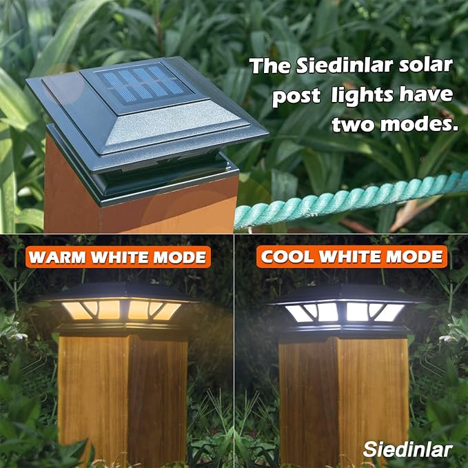 SIEDiNLAR Solar Post Lights Outdoor 2 Modes LED Deck Fence Cap Light for 4x4 5x5 6x6 Posts Patio Garden Decoration Warm White/Cool White Lighting Black (10 Pack)