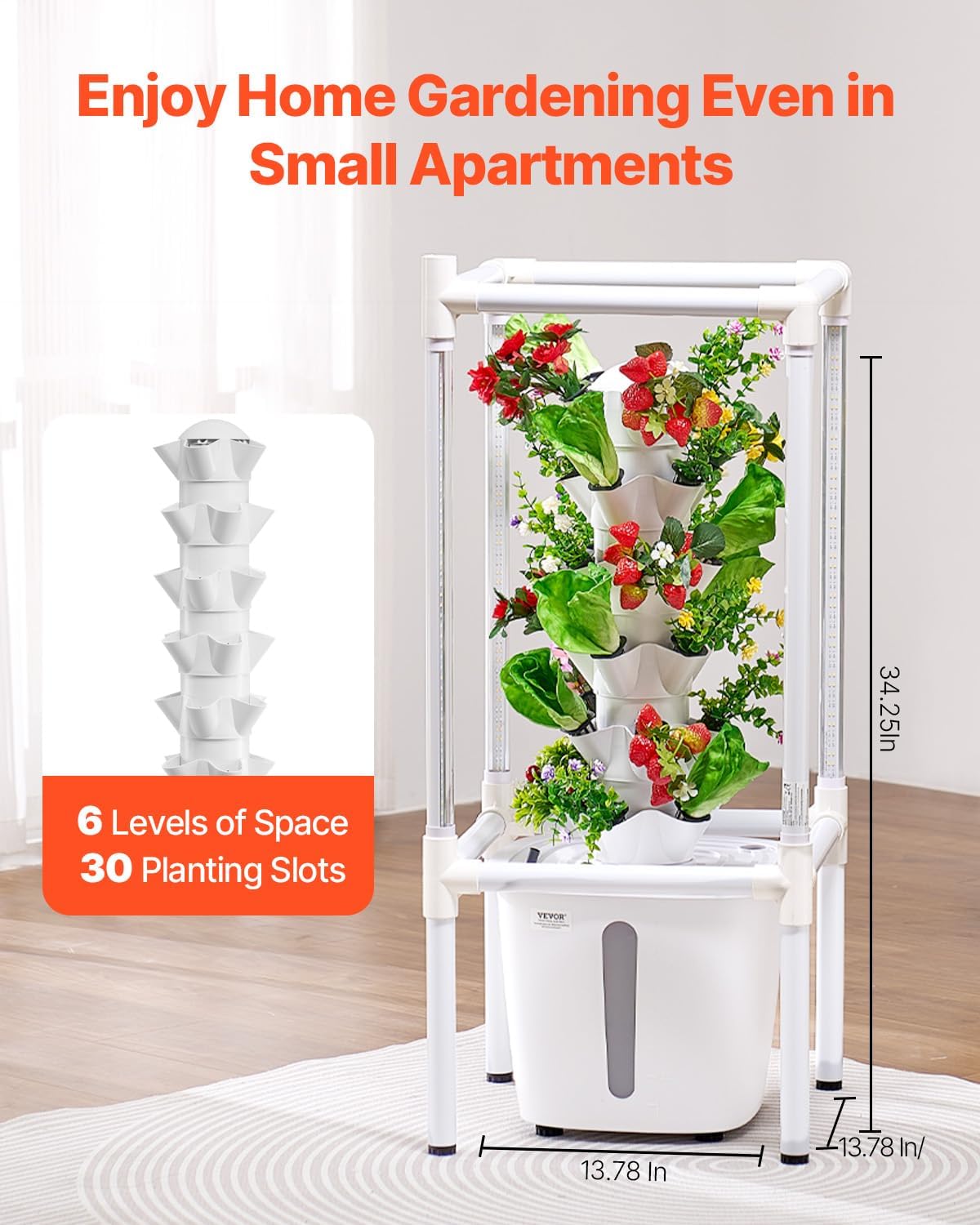 VEVOR Hydroponic Growing System with Grow Light, 30 Pods Vertical 6 Tiers Hydroponic Tower, Home Hydronic Garden with Water Pump, Plants Germination Kit for Indoor Herbs, Fruits and Vegetables