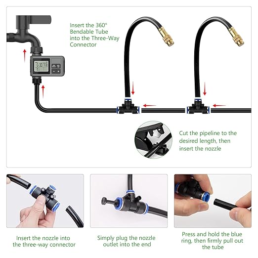 60FT Drip Irrigation System with Water Timer – Automatic Garden Watering Kit with 360° Bendable Hose & Adjustable Nozzles, Smart Irrigation System for Greenhouse, Lawn, Yard & Plants