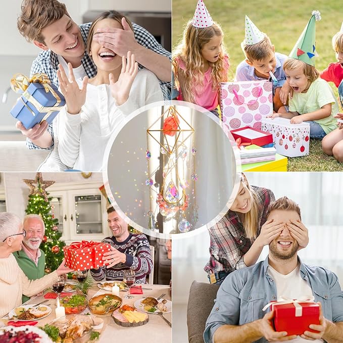 Healing Crystal Suncatchers Hanging Wind Chime Style Garden Suncatcher Rainbow Maker Gold Plated Sun Catcher Decor for Home Indoor Outdoor Gift (RED)