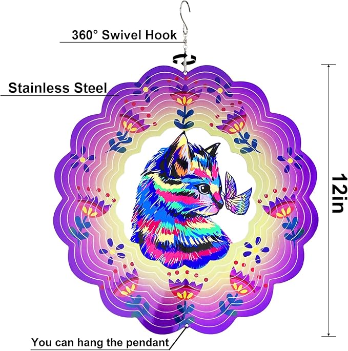Cat Wind Spinners 3D Hanging Wind Spinner Cat Ornament Gifts for Women Mom Grandma,12inch Metal Wind Kinetic Sculpture for Outdoor&Indoor Decor, Yard Art, Garden Decoration