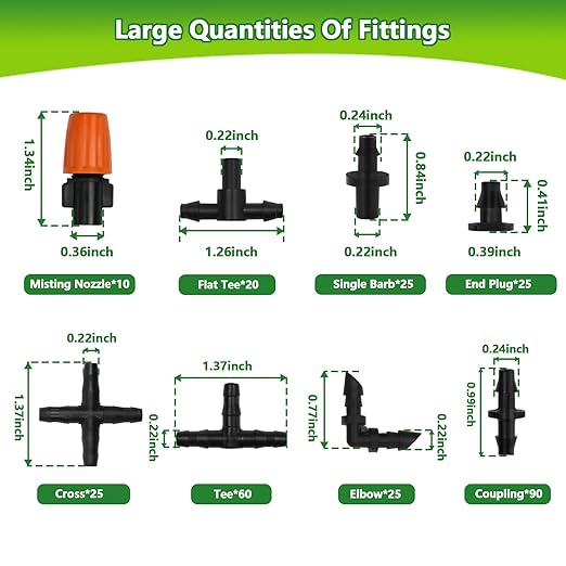 280 Pcs Drip Irrigation Fittings Kit for 1/4" Tubing, 1/4 Inch Drip Irrigation Barbed Connectors (Nozzles, Nozzle Tees, Single Barbs, Couplings, Tees, Elbows, Plugs, Crosses) for Garden System