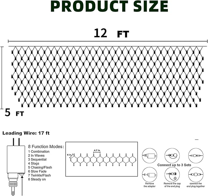 Dazzle Bright Christmas Net Lights, 360 LED 12FT x 5 FT Green Wire Waterproof Connectable Lights with 8 Modes, Christmas Outdoor Lights for Bushes Garden Party Wedding Holiday Decoration (Warm White)