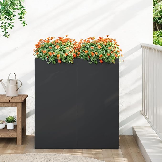 Stoog 30" Tall Planters for Outdoor Plants, All-Weather Metal Planter Boxes Set of 2, with Removable Insert Shelf, Modern Design, Indoor/Outdoor Use, Black